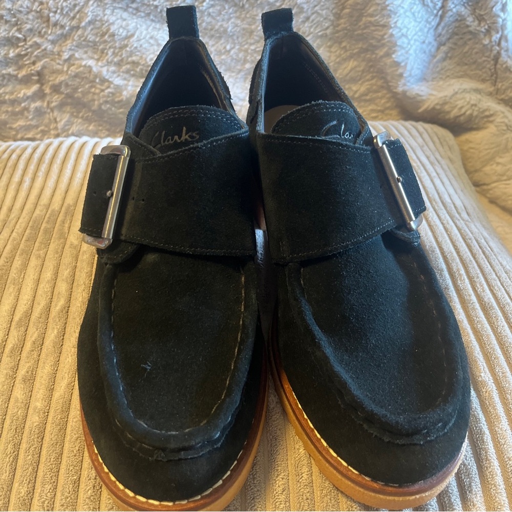 CLARKS Black Suede Eden Mid Monk Buckle Derby Oxford Shoes sz women 7.5 NWOB - Picture 4 of 10